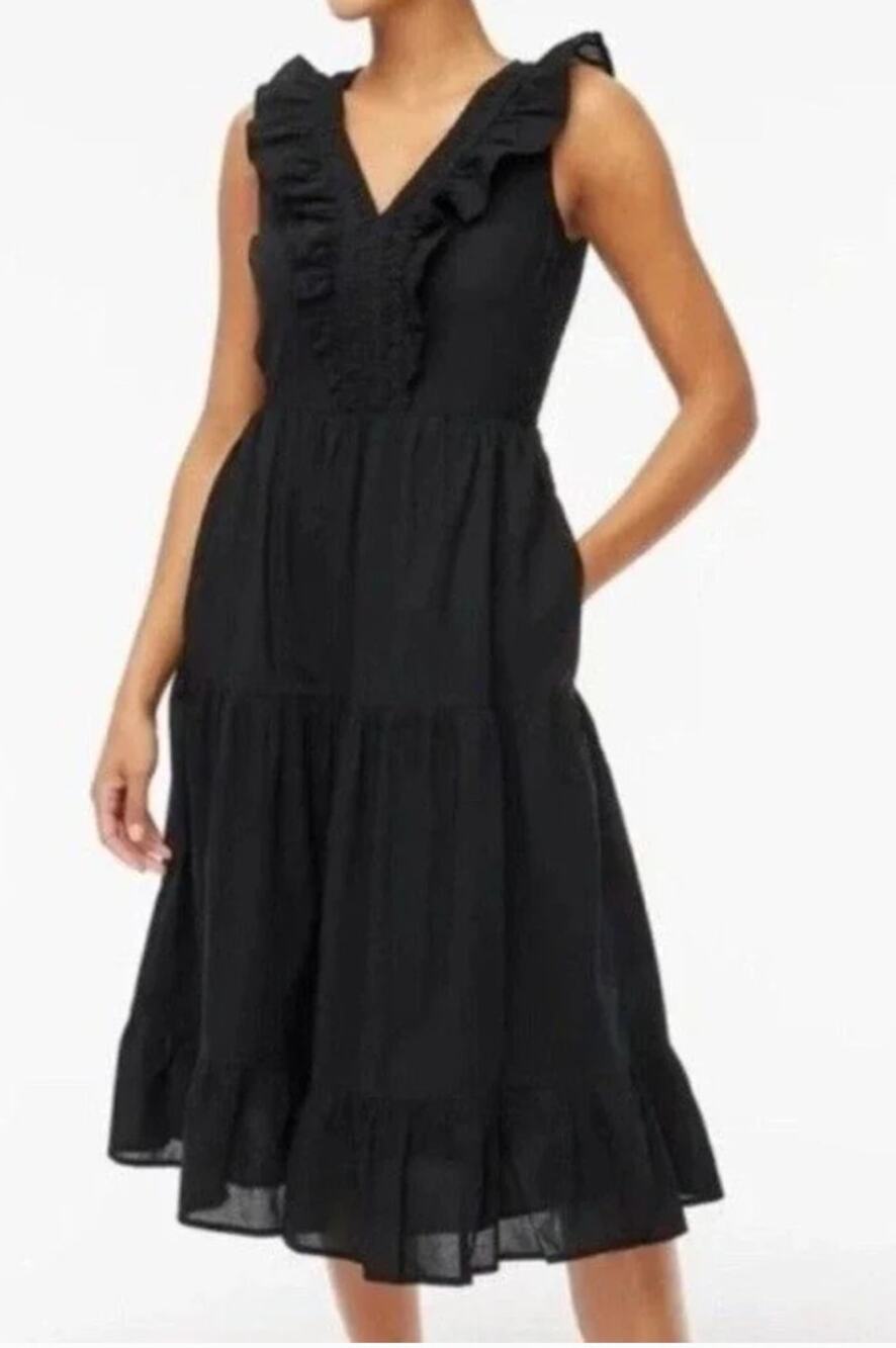 J. Crew V Neck Smocked Ruffle Sleeveless Cotton Midi Dress Black 6